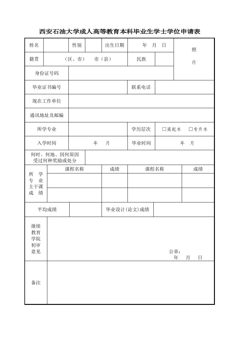 西安石油大学成人高等教育本科毕业生学士学位申请表