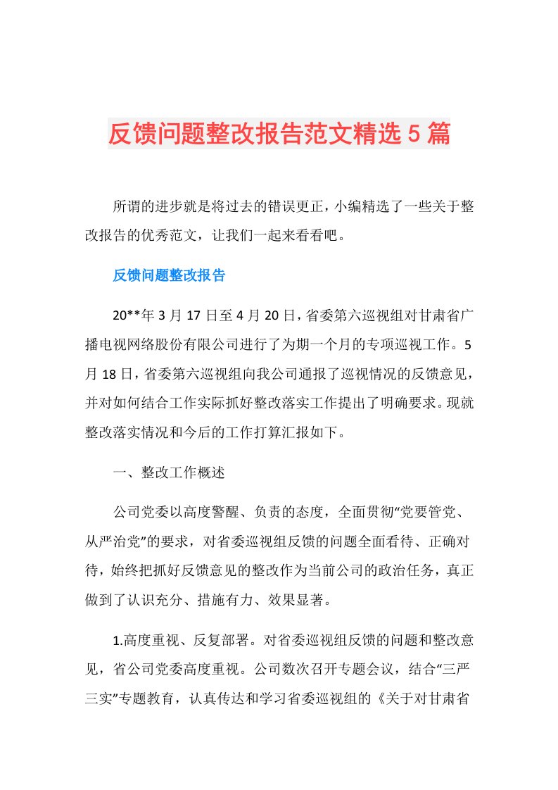 反馈问题整改报告范文精选5篇