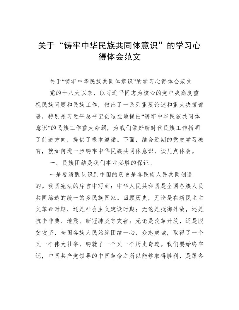 关于“铸牢中华民族共同体意识”的学习心得体会范文