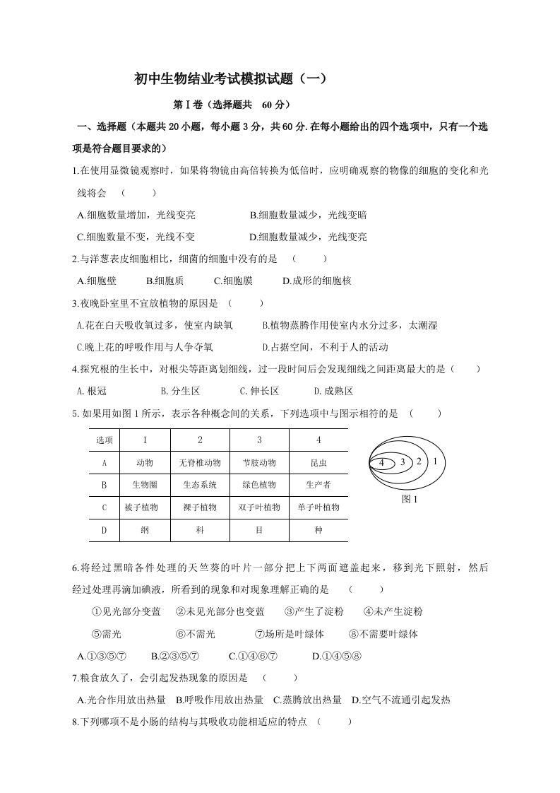 人教版八年级生物结业考试模拟题(第一套-附答案)