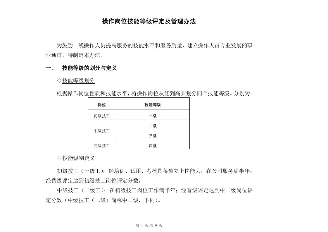 操作岗位技能等级评定及管理办法