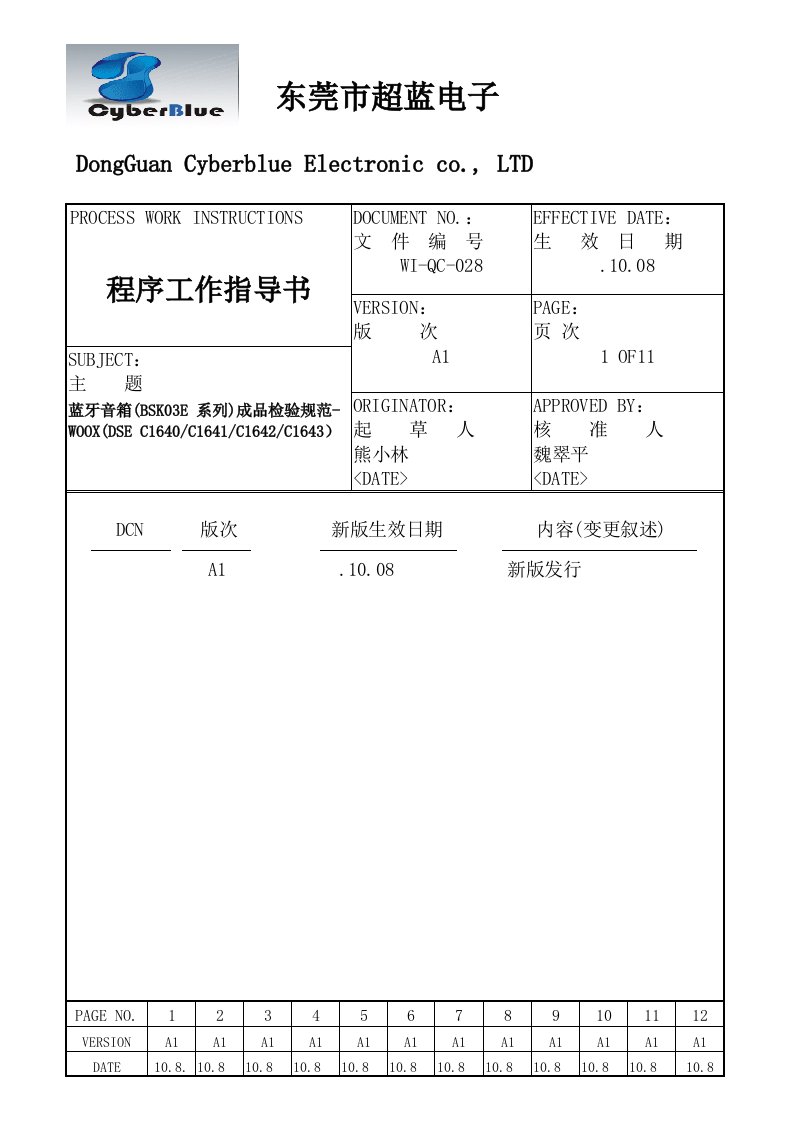 蓝牙音响验货规范ProQC样稿