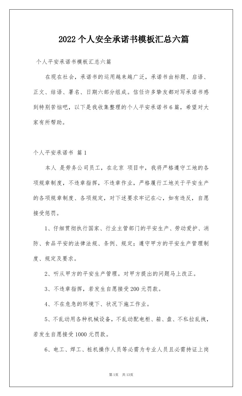 2022个人安全承诺书模板汇总六篇