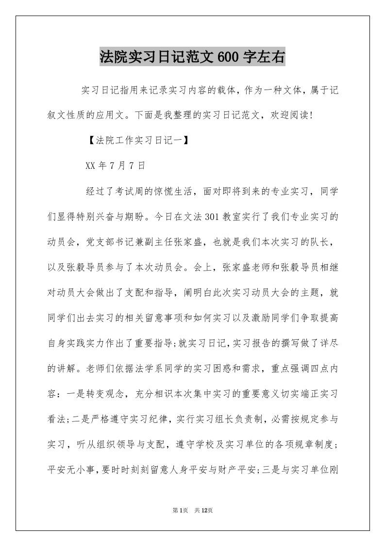 法院实习日记范文600字左右