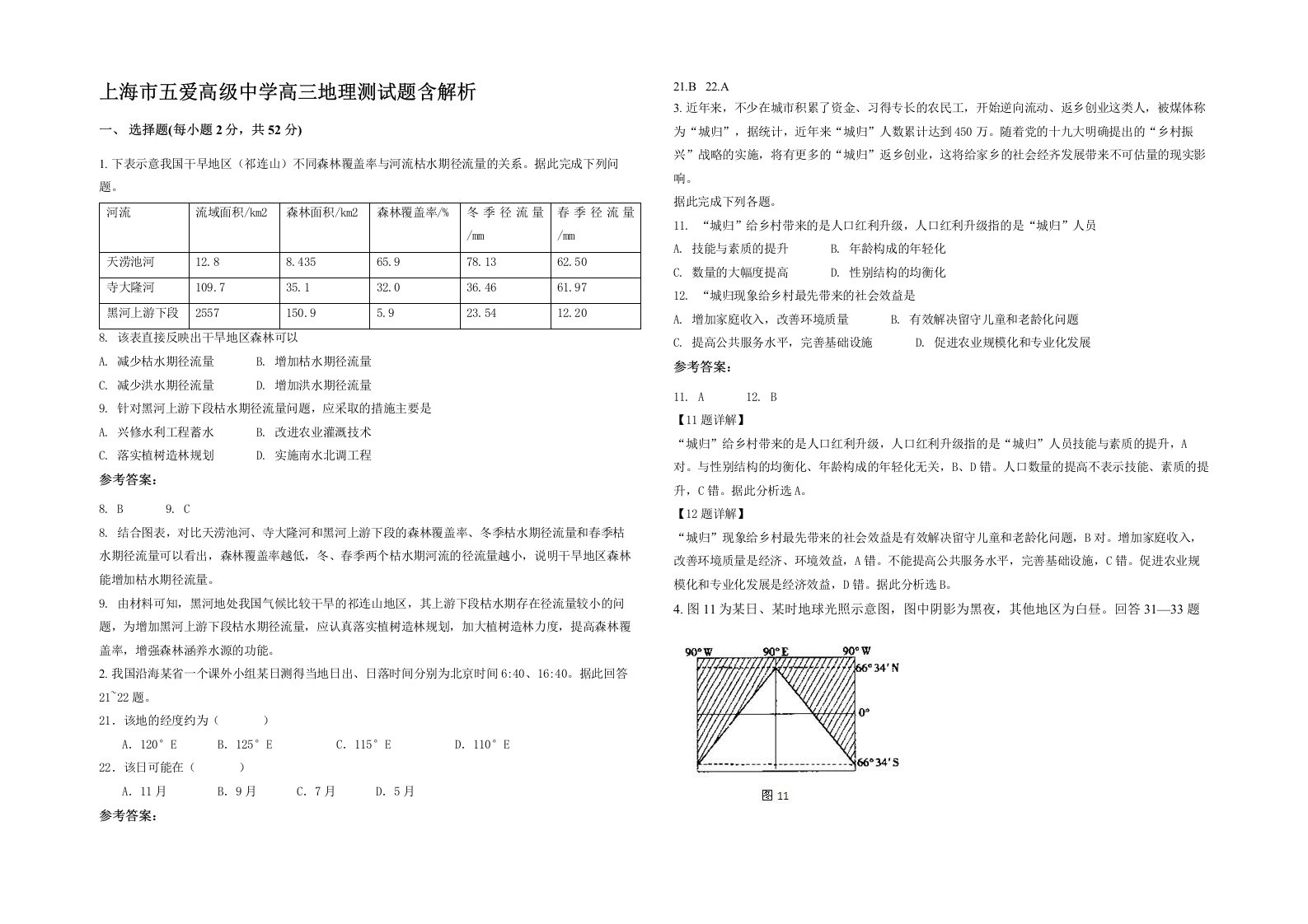 上海市五爱高级中学高三地理测试题含解析