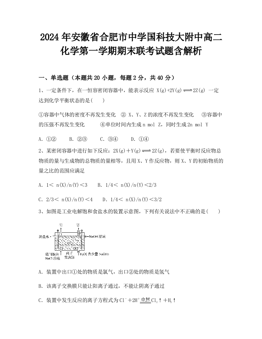 2024年安徽省合肥市中学国科技大附中高二化学第一学期期末联考试题含解析