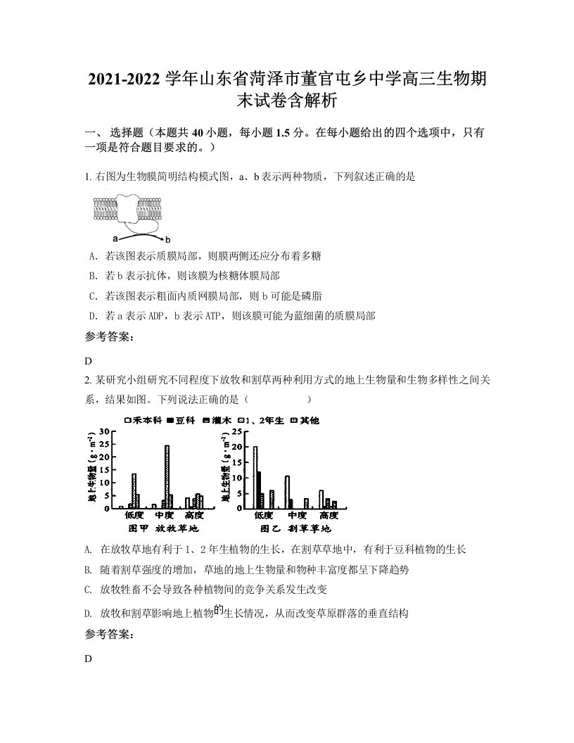 2021-2022学年山东省菏泽市董官屯乡中学高三生物期末试卷含解析