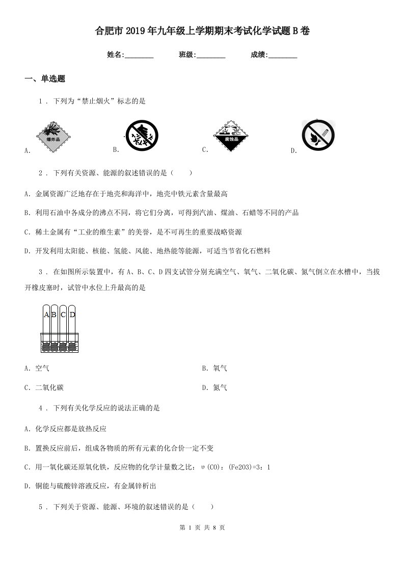 合肥市2019年九年级上学期期末考试化学试题B卷