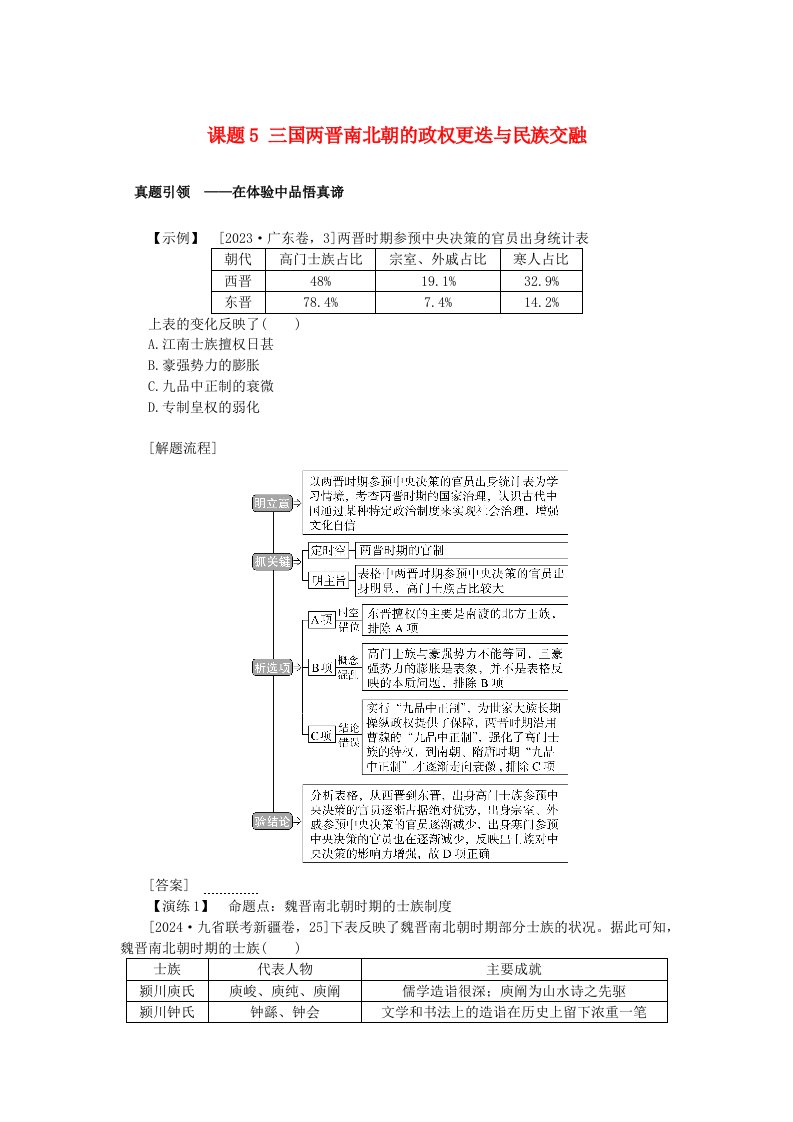 2025版高考历史全程一轮复习聚焦高考版块一中国古代史第一部分中国古代史纲要第二单元三国两晋南北朝的民族交融与隋唐统一多民族封建国家的发展课题5三国两晋南北朝的政权更迭与民族交融