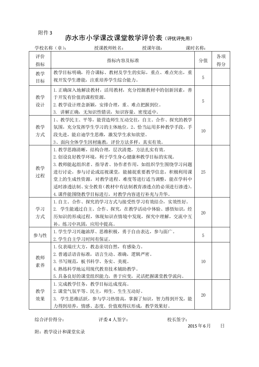 3.1赤水市小学课改课堂教学评价表