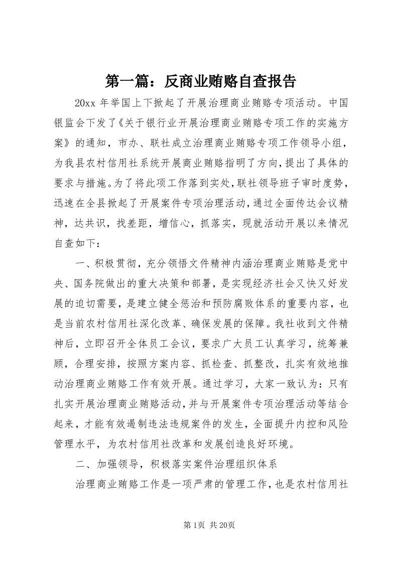 第一篇：反商业贿赂自查报告