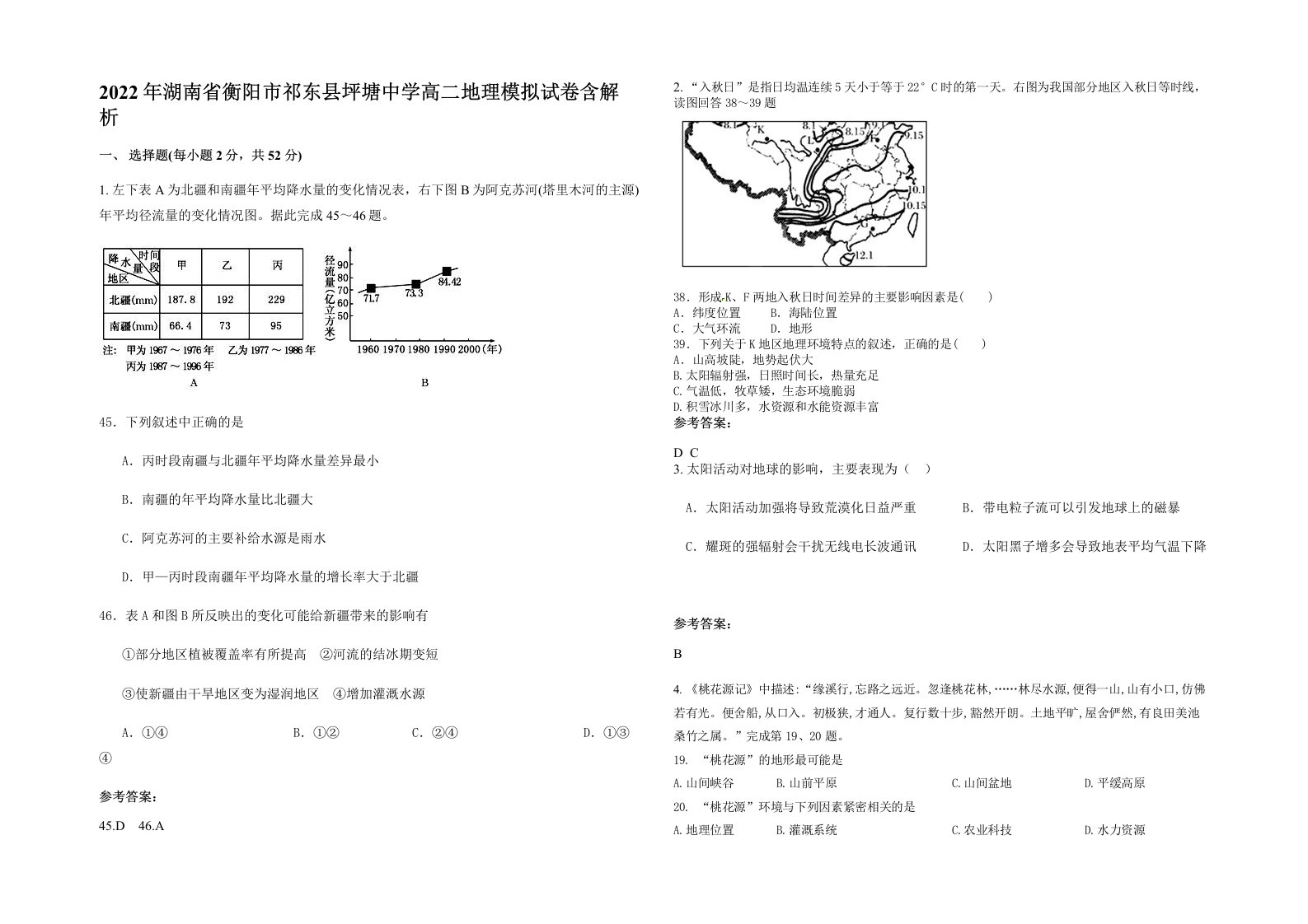 2022年湖南省衡阳市祁东县坪塘中学高二地理模拟试卷含解析