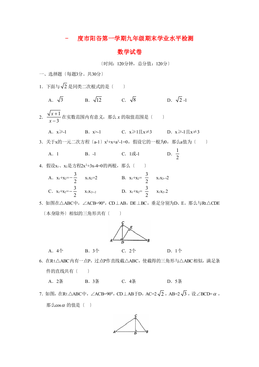 （整理版）市阳谷第一学期九年级期末学业水平检测