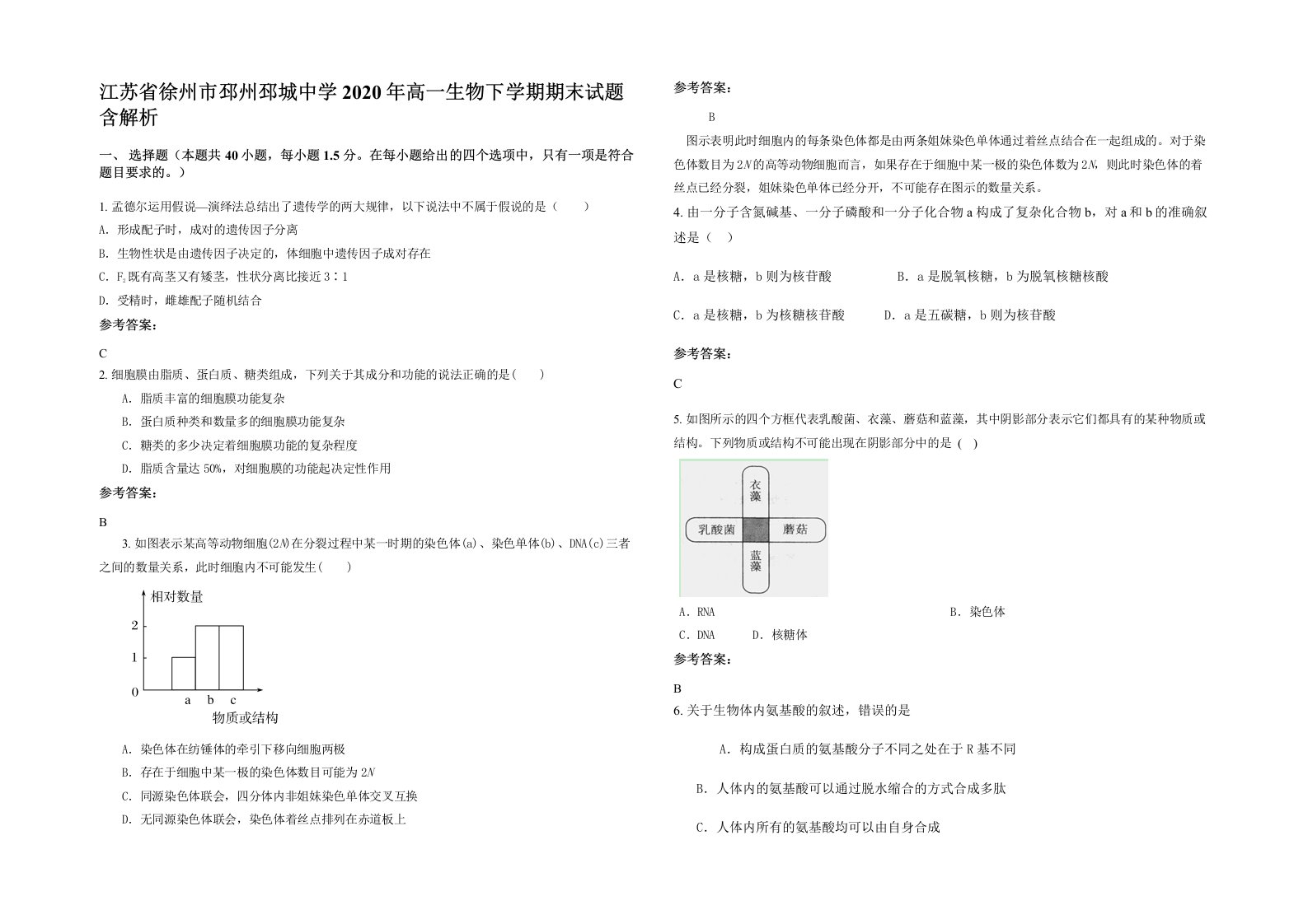 江苏省徐州市邳州邳城中学2020年高一生物下学期期末试题含解析