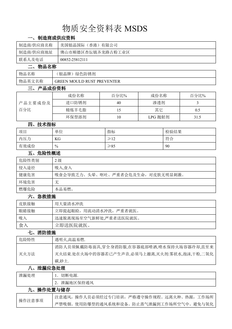 MSDS-防锈剂-银晶