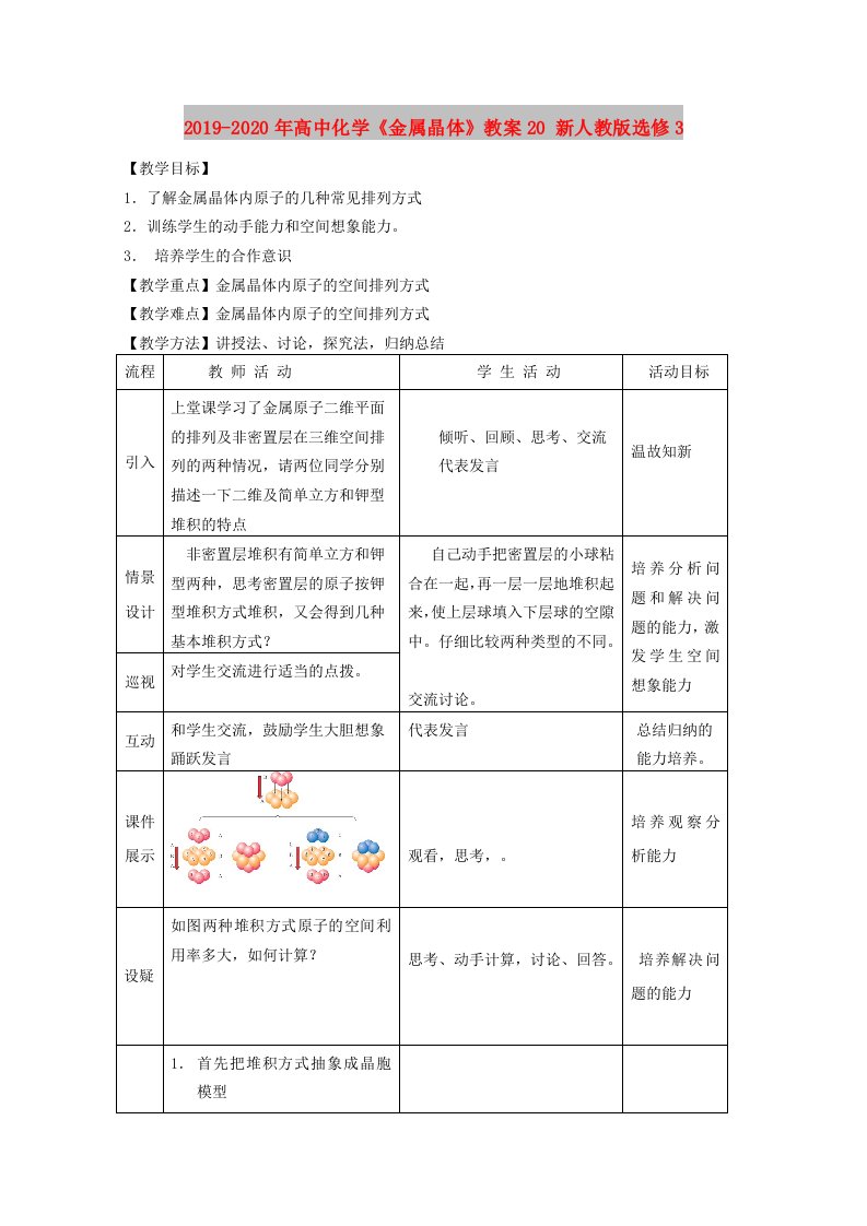 2019-2020年高中化学《金属晶体》教案20