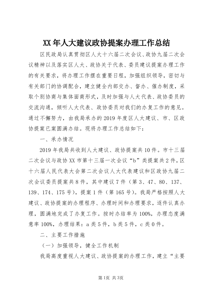 XX年人大建议政协提案办理工作总结