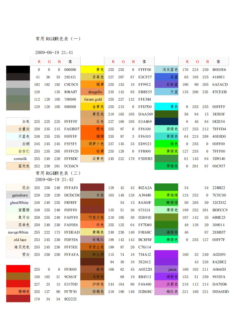 常用RGB颜色表