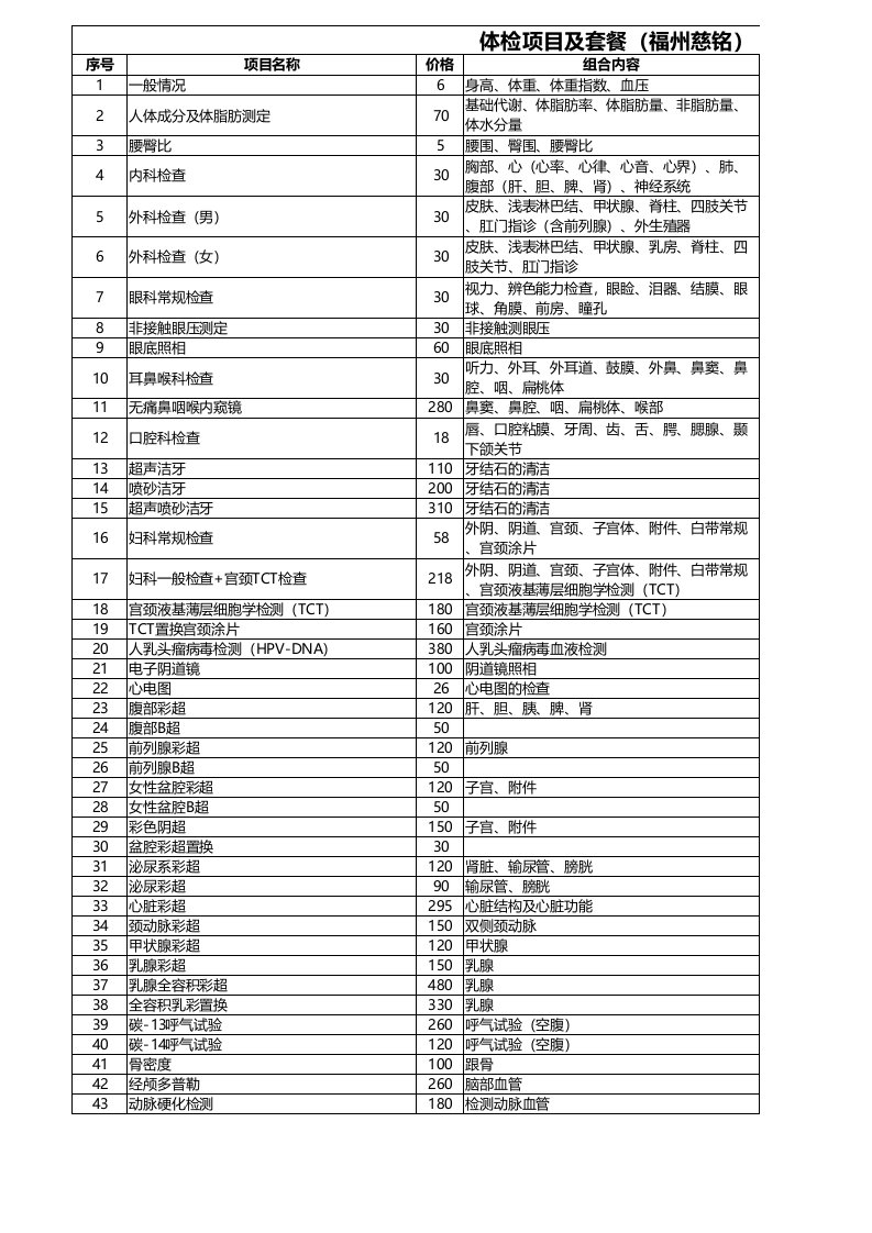 慈铭体检项目价格