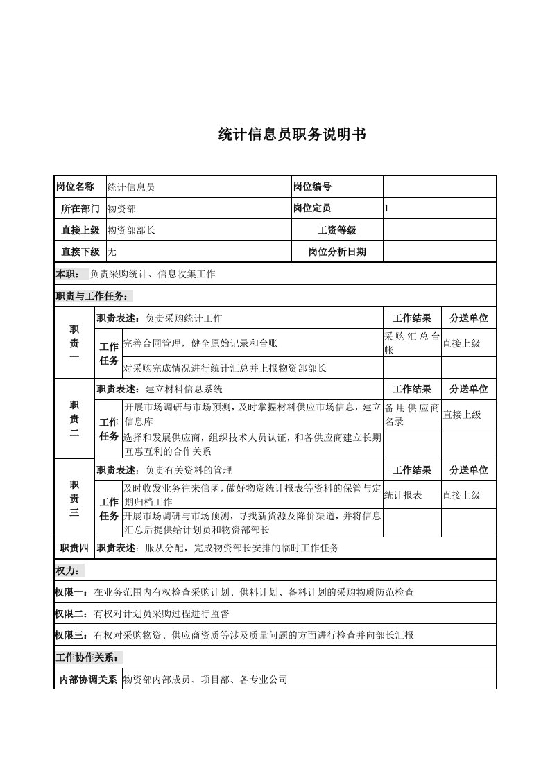 电力行业-电力公司统计信息员岗位说明书