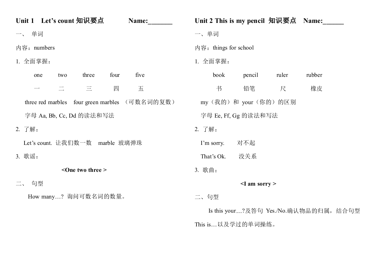 译林小学一年级英语下学期1B知识要点