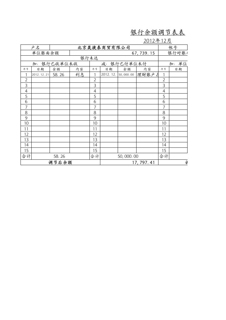 EXCEL银行余额调节表(已设公式)