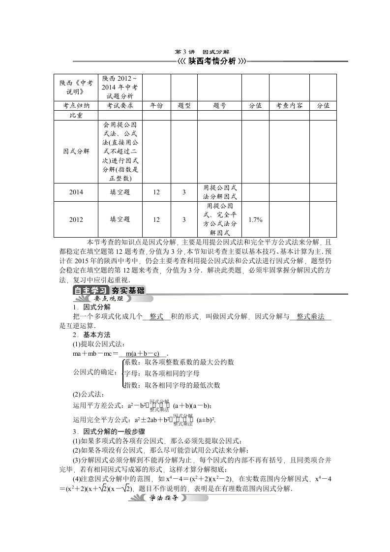 2015中考数学总复习教学案：第3讲因式分解