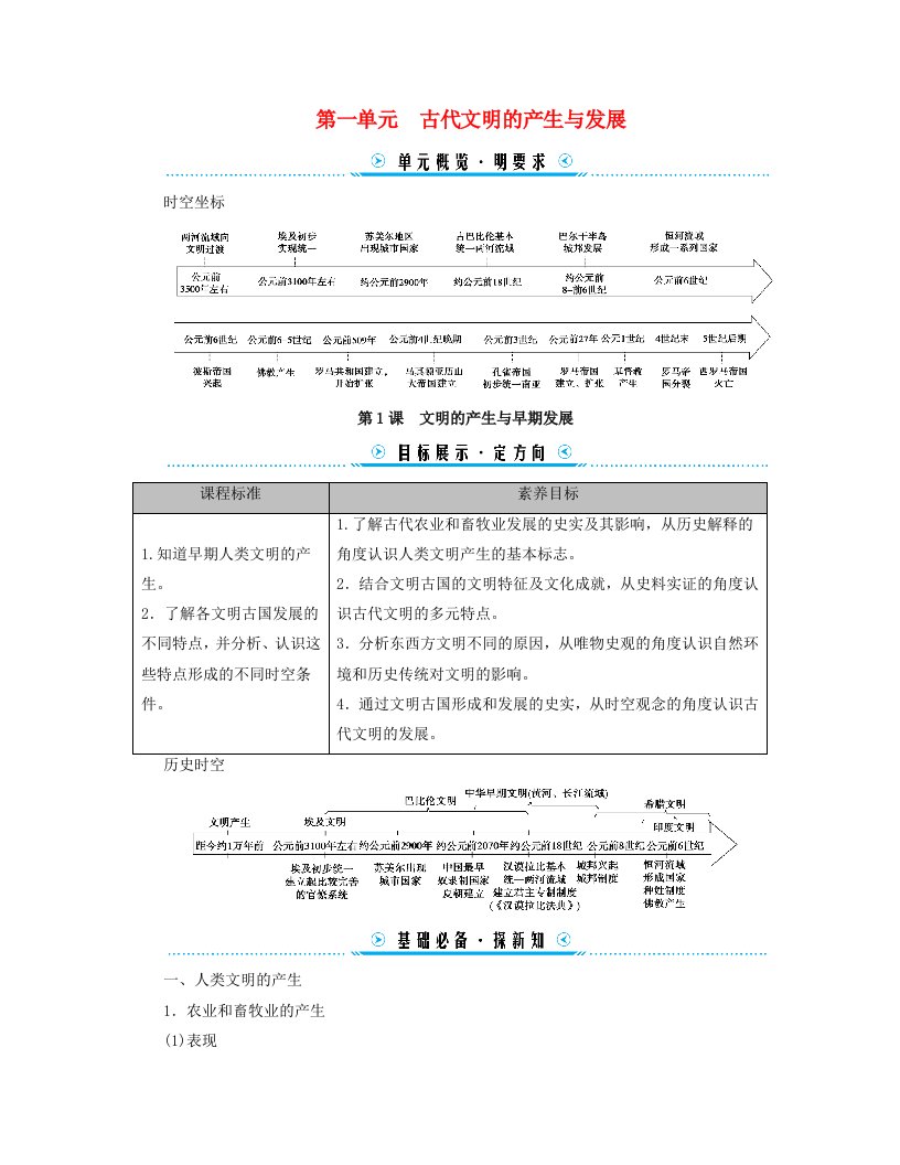 新教材适用2023_2024学年高中历史第1单元古代文明的产生与发展第1课文明的产生与早期发展学案部编版必修中外历史纲要下