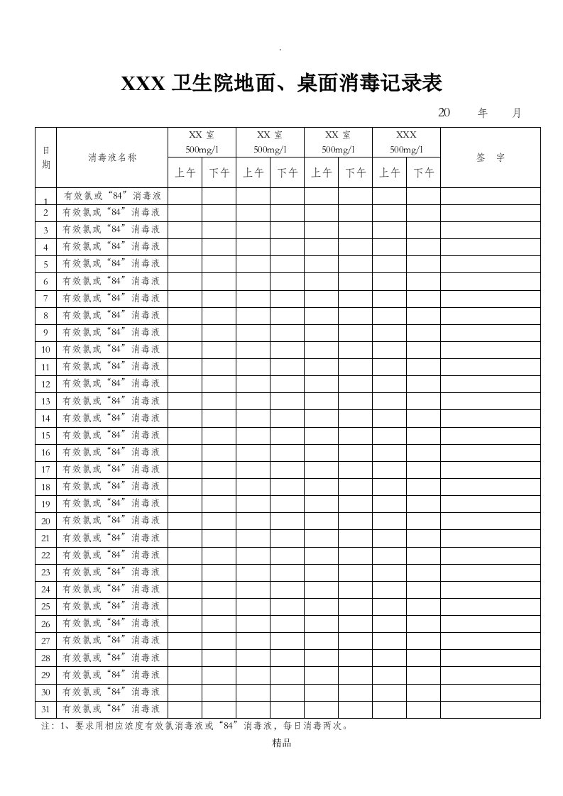 卫生院地面、桌面消毒记录表