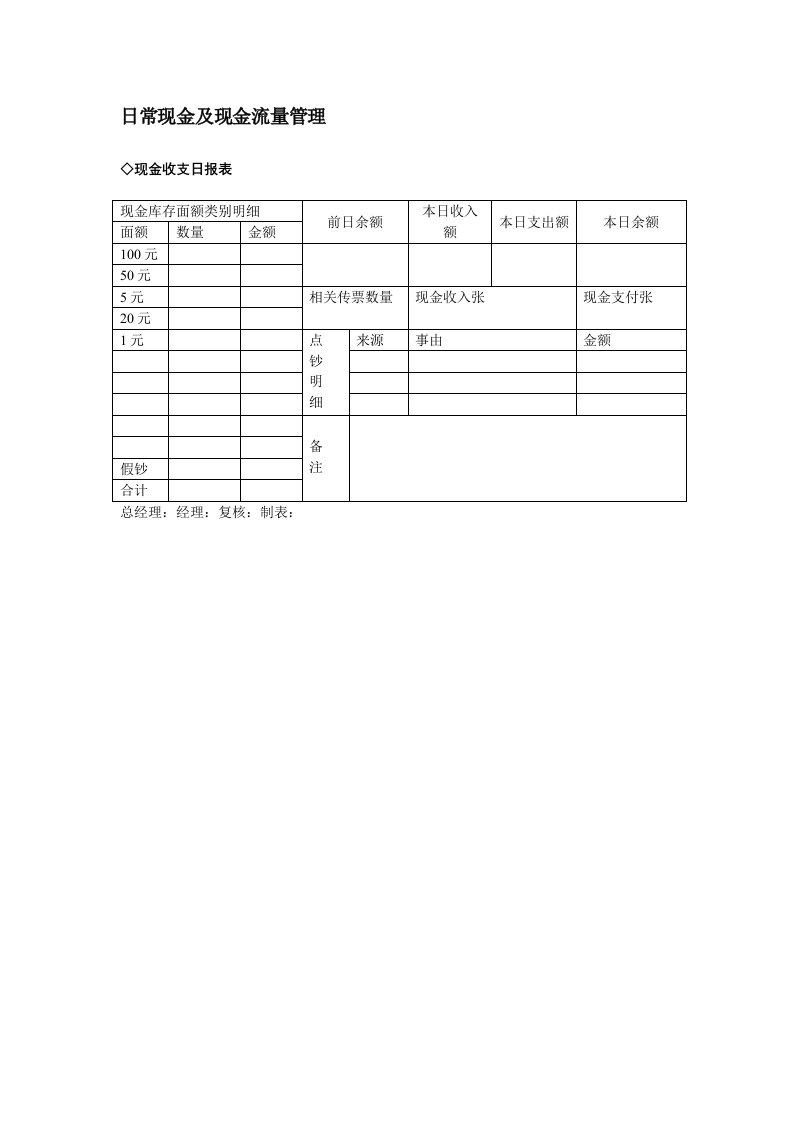 日常现金和现金流量管理用表