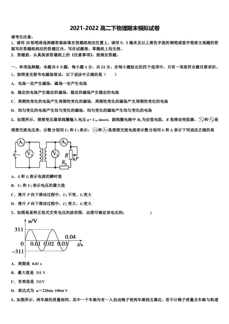 2022届四川省成都市青羊区石室中学高二物理第二学期期末学业水平测试模拟试题含解析