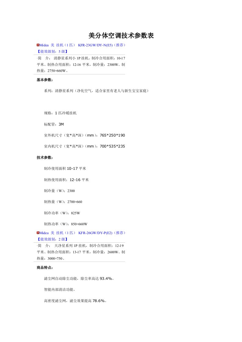 美的分体空调关键技术参数表