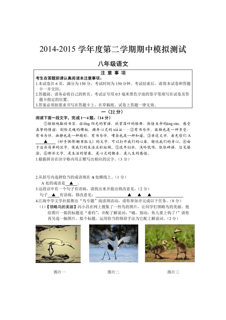 2014-2015学年度第二学期八年级语文期中考试试卷