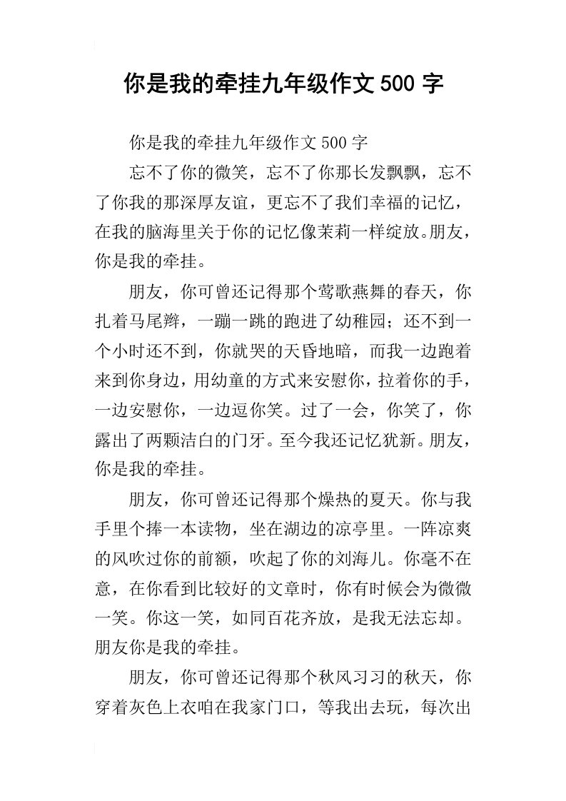 你是我的牵挂九年级作文500字