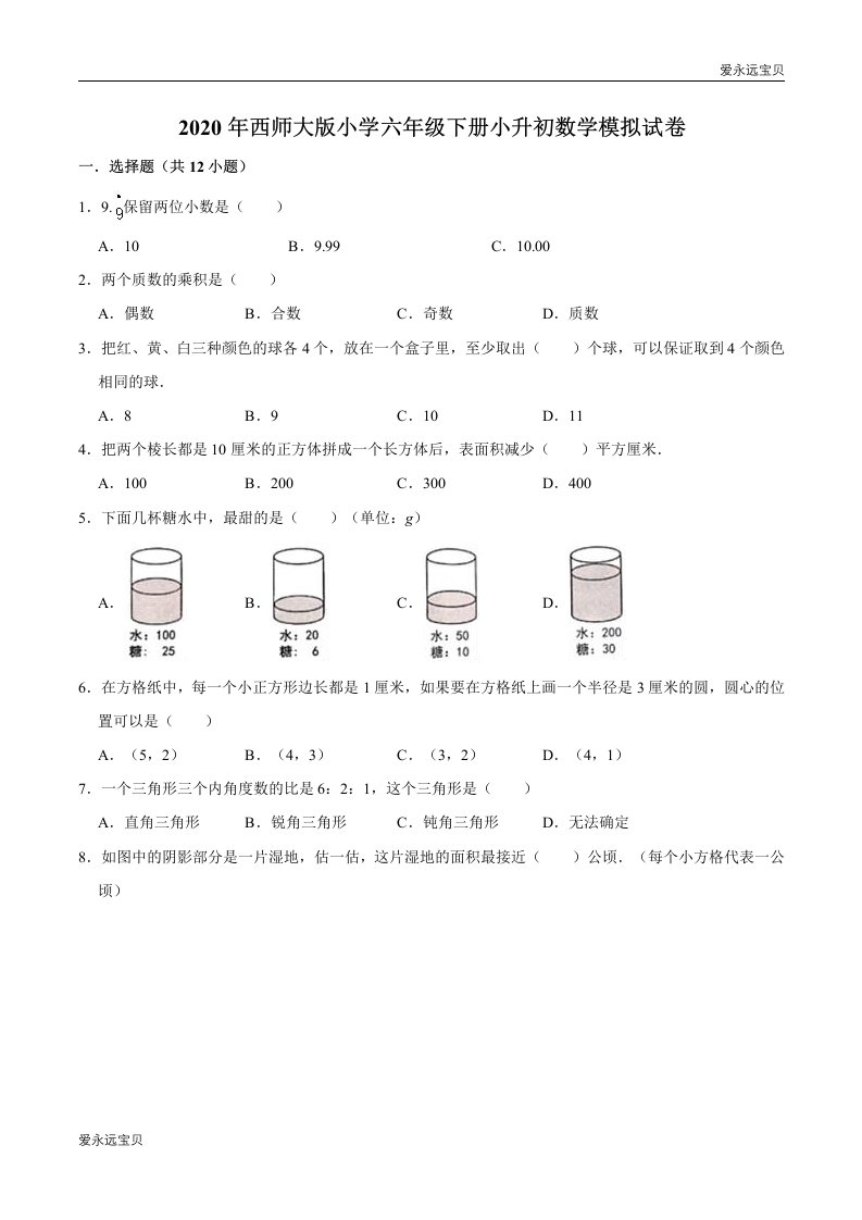 小学六年级下册小升初数学模拟试卷3(西师大版含解析)