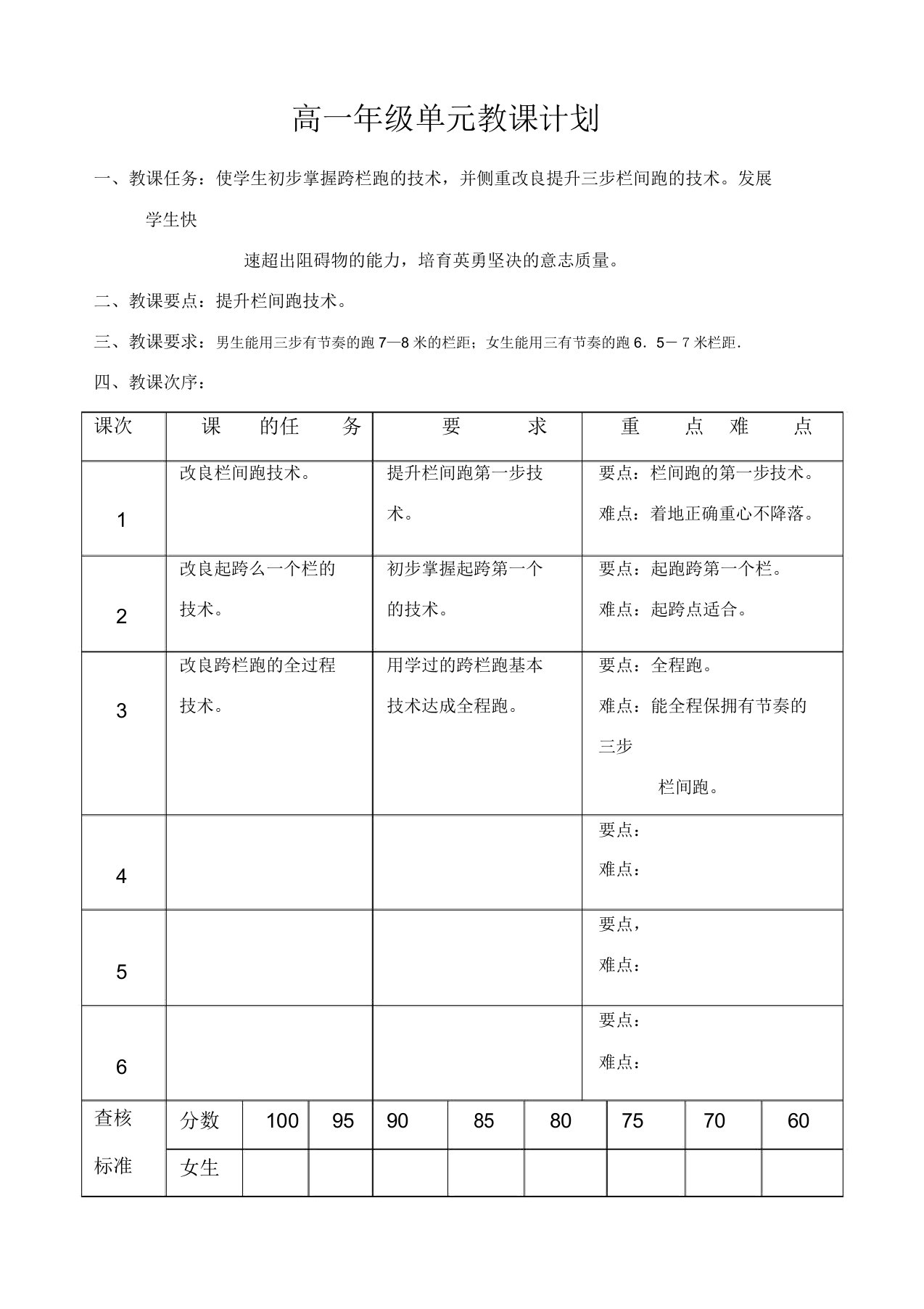 高中一年级体育与健康教案集(最新)：障碍跑单元教学计划