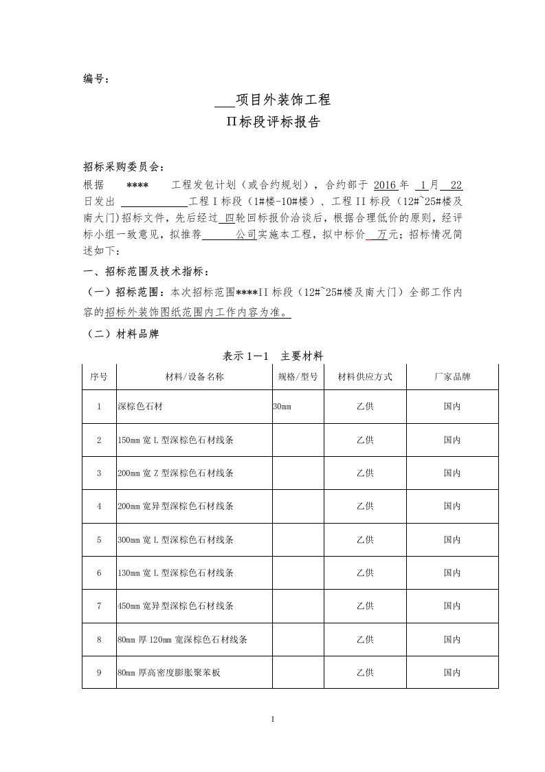 幕墙装饰工程评标报告(模板)