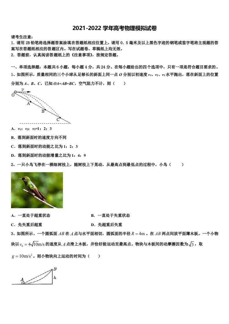 2022届安徽亳州利辛金石中学高三最后一卷物理试卷含解析