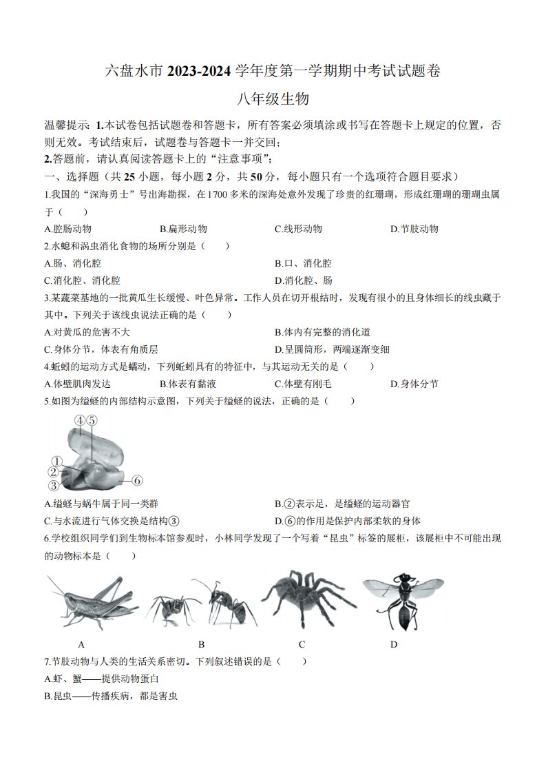 精品2024学年八年级上学期期中生物试卷(含答案)