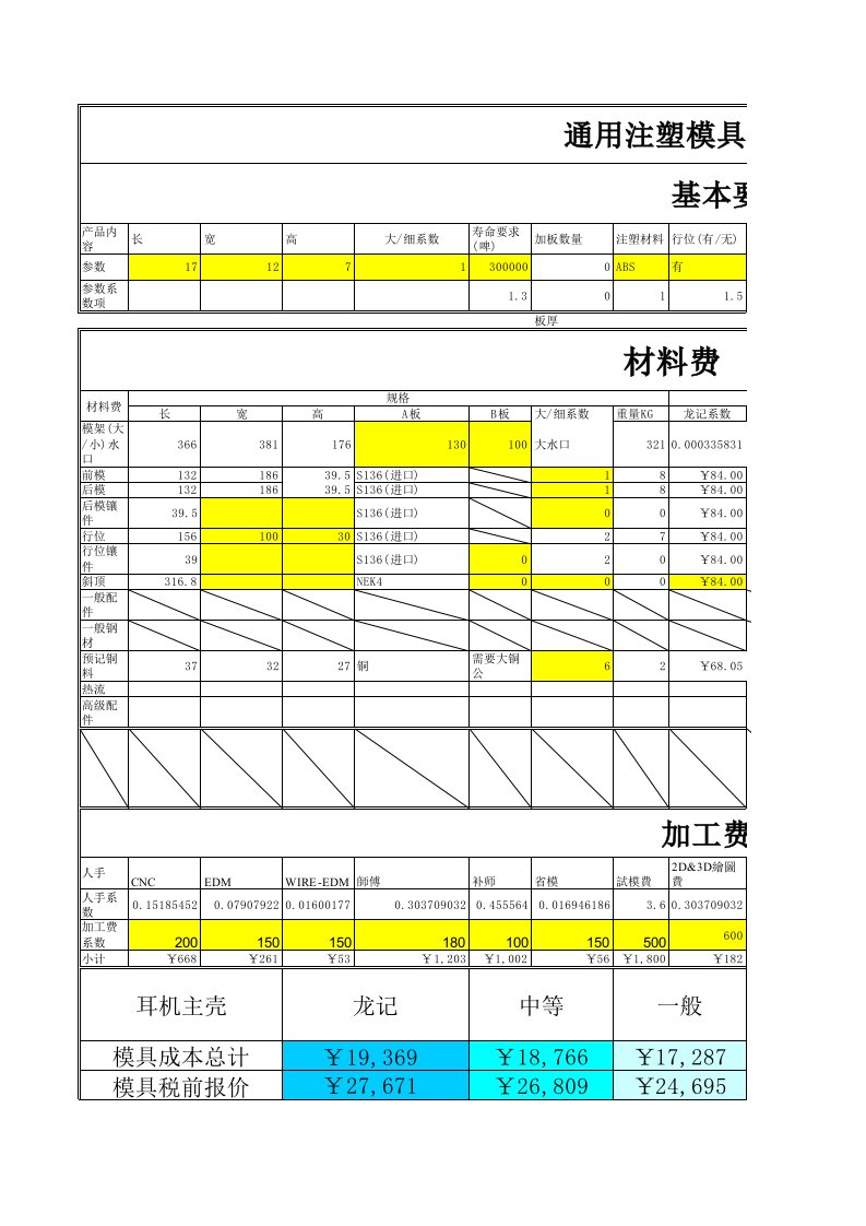 注塑模具简易报价表