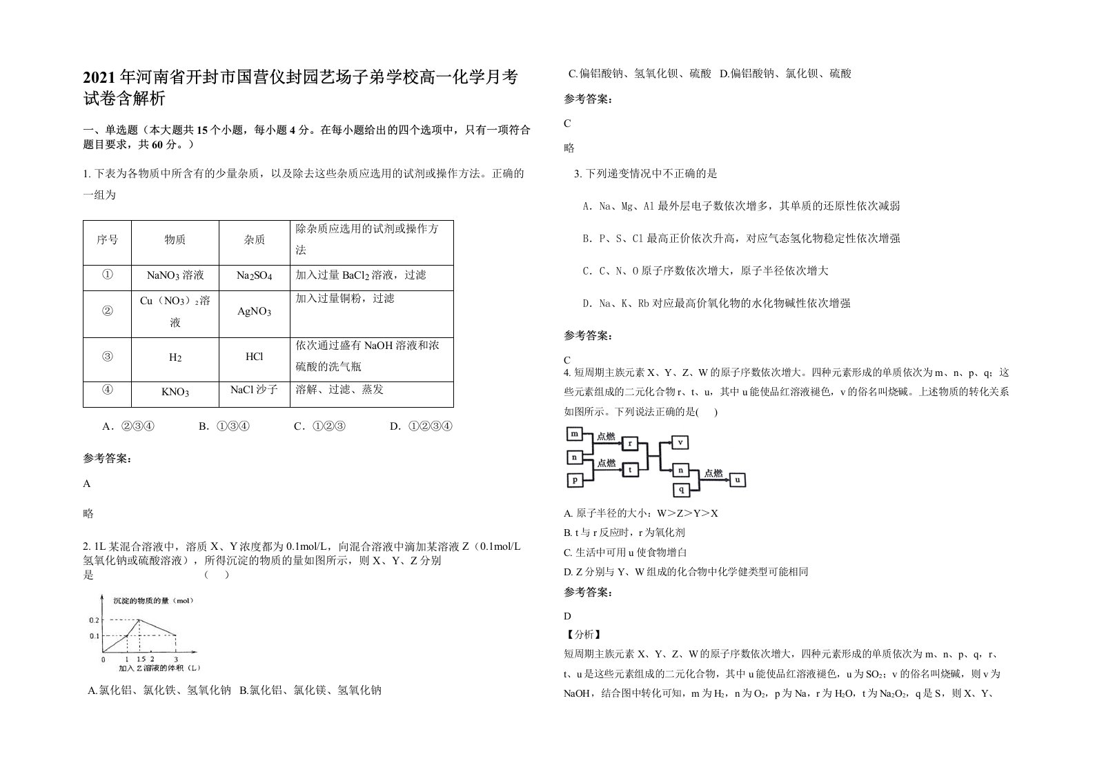 2021年河南省开封市国营仪封园艺场子弟学校高一化学月考试卷含解析