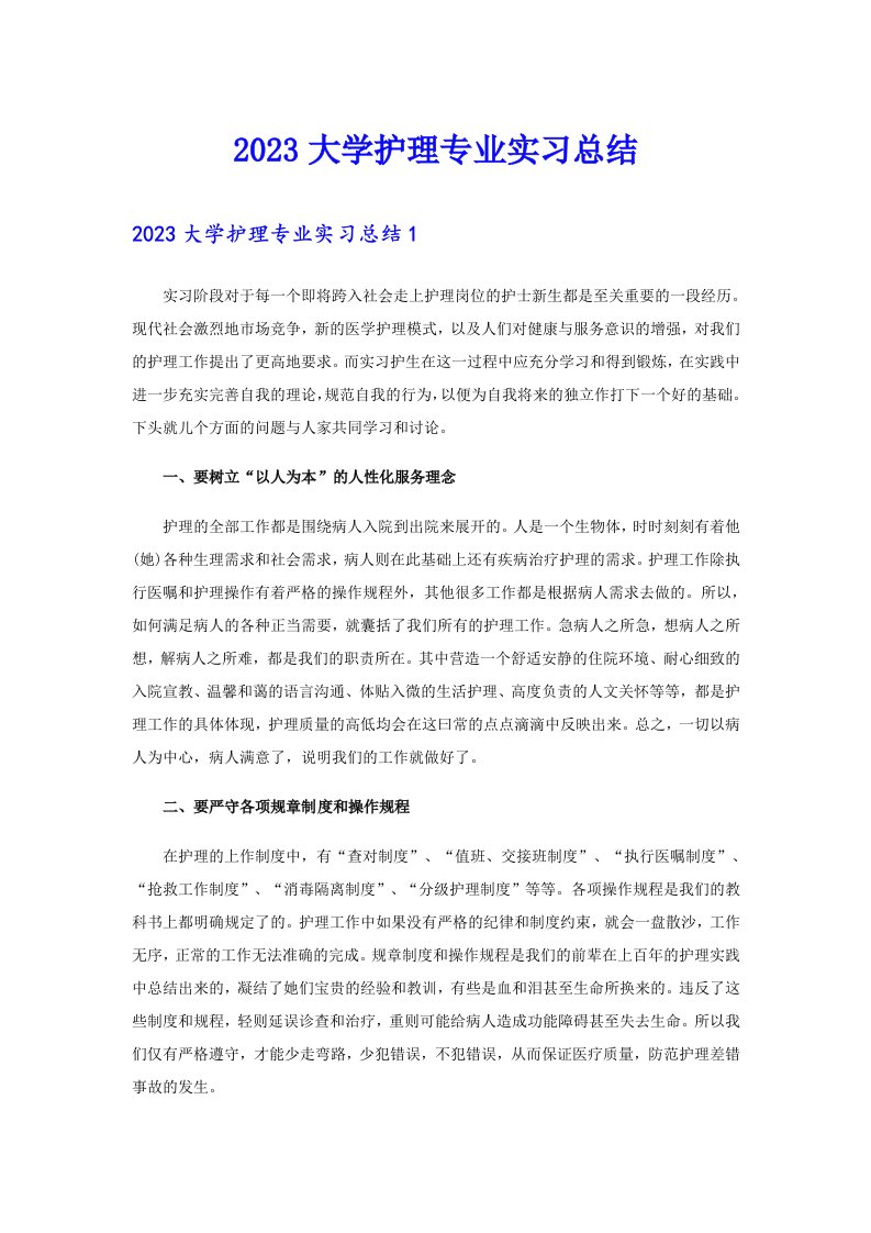 2023大学护理专业实习总结