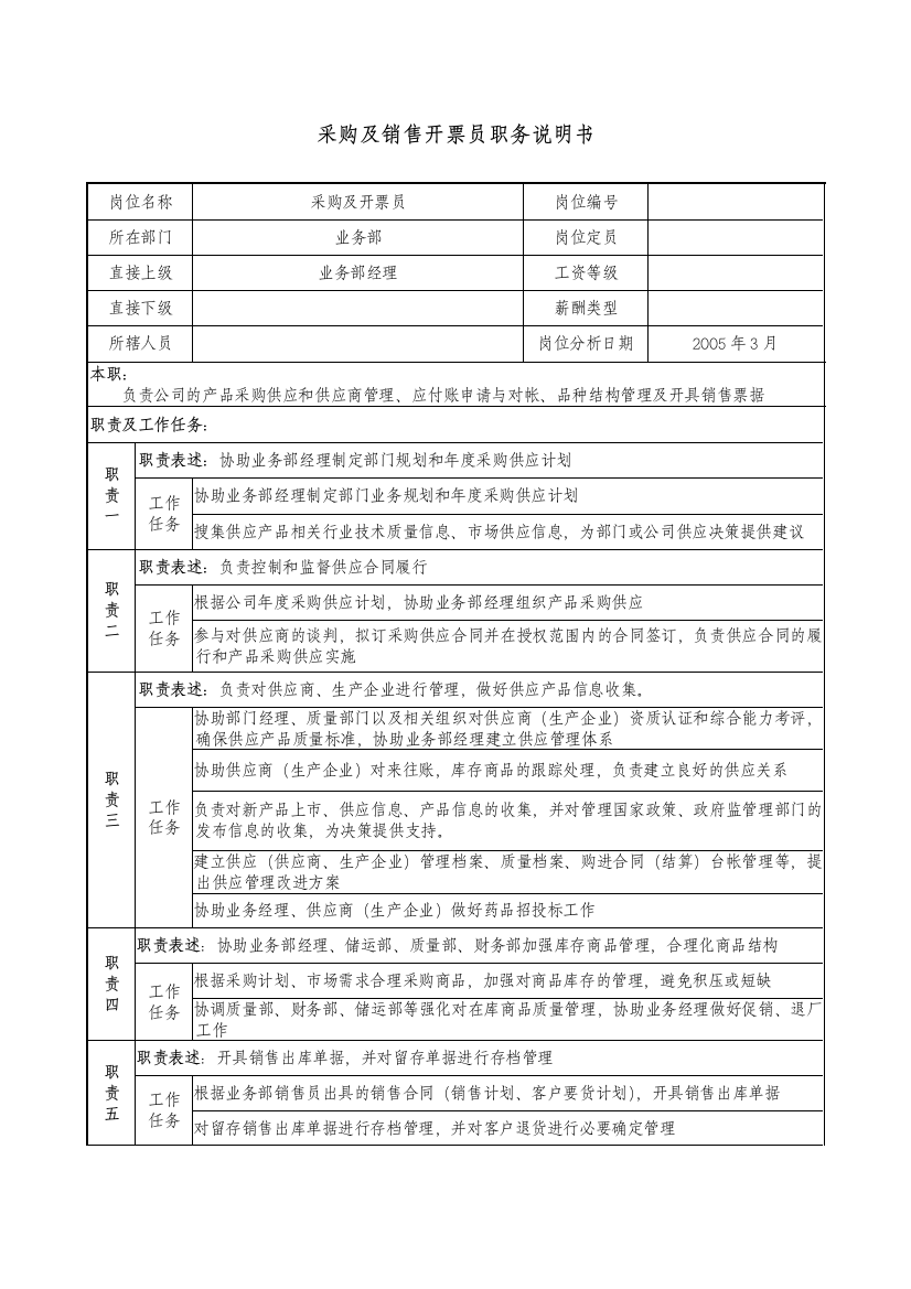 医药公司采购及销售开票员职务说明书