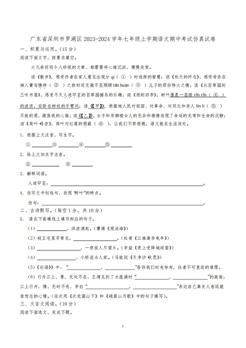 广东省深圳市罗湖区2023-2024学年七年级上学期语文期中考试仿真试卷(含解析)