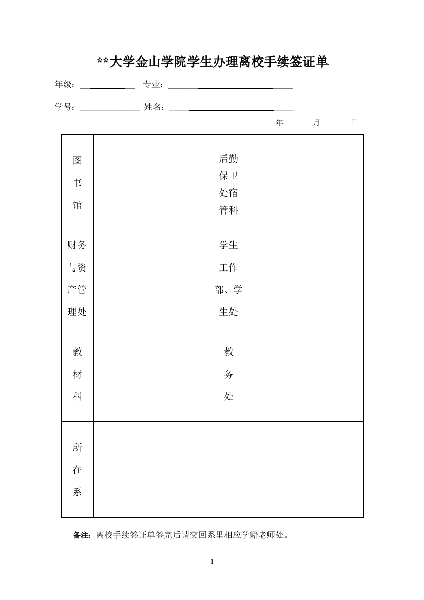 大学金山学院学生办理离校手续签证单