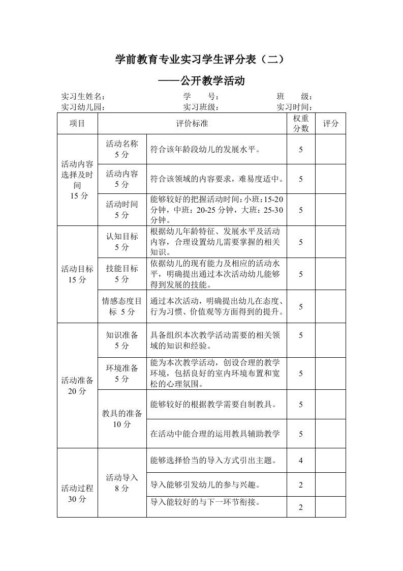 学前教育专业实习公开课评分表