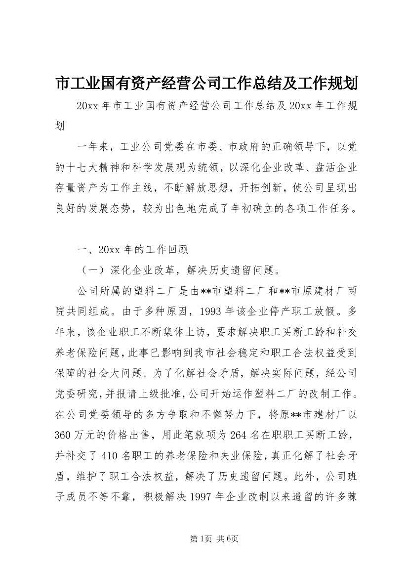 市工业国有资产经营公司工作总结及工作规划