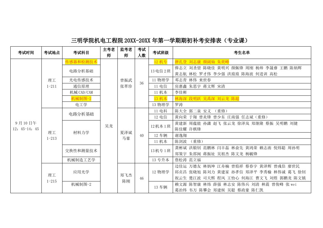 2021年三明学院机电重点工程院学年第一学期期初补考安排表专业课更