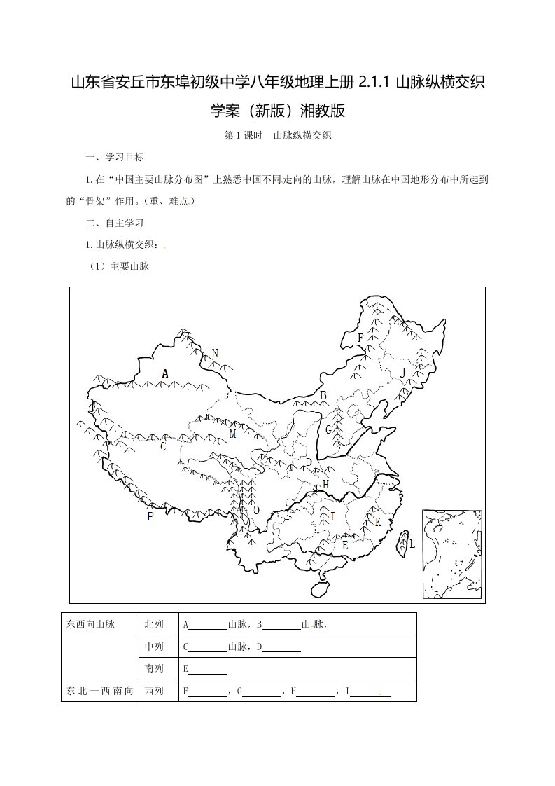 山东省安丘市东埠初级中学八年级地理上册2.1.1山脉纵横交织学案（新版）湘教版