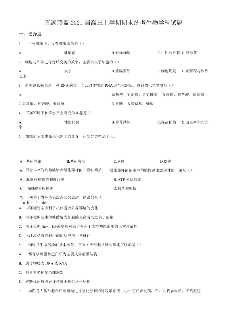 浙江省五湖联盟2021届高三上学期期末统考生物试题含解析